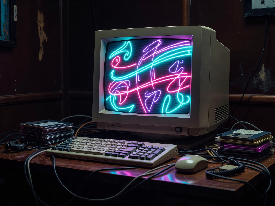 Aesthetic high contrast retro neon computer setup reflecting Midnight Jackpot Junction