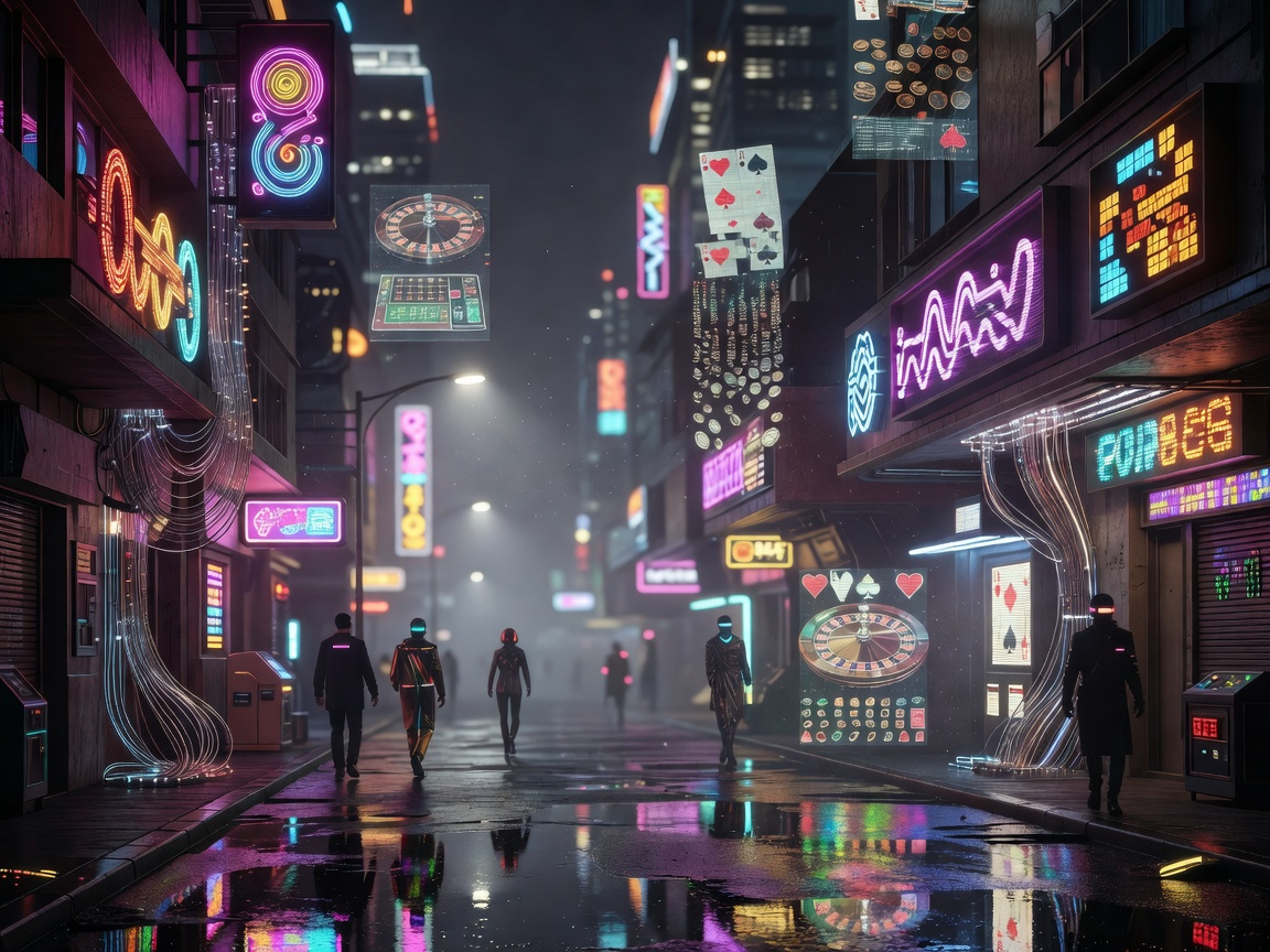 Beautiful retro cyberpunk street view at night representing Game Night City Social Casino