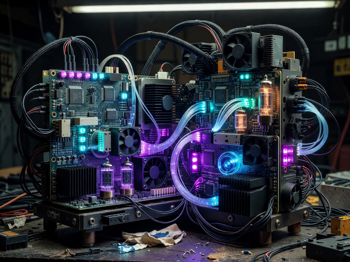Cyberpunk style glowing hardware components representing Cyber Spinner Arcade