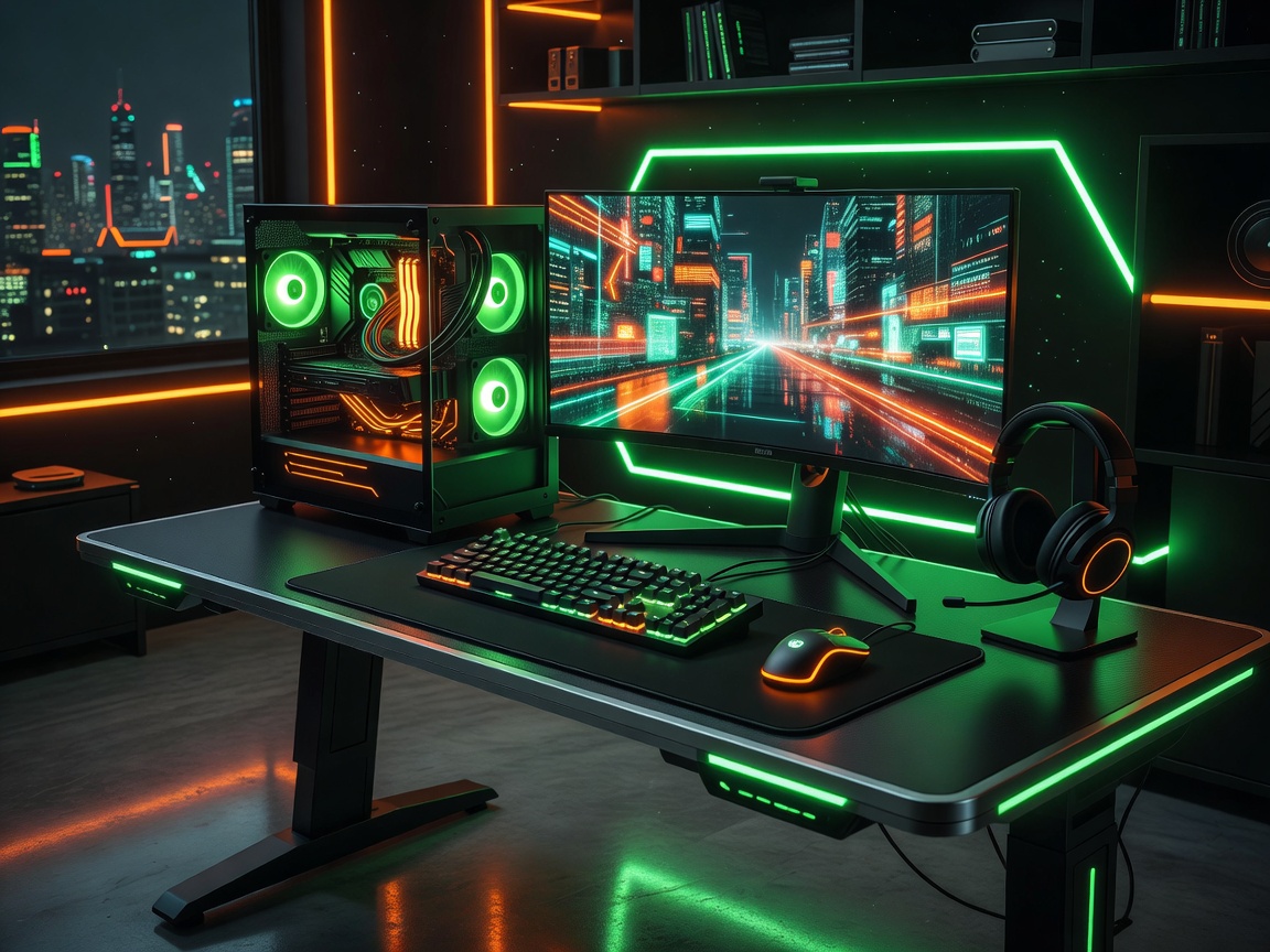Futuristic neon green and orange computer desk setup representing game-night-city culture
