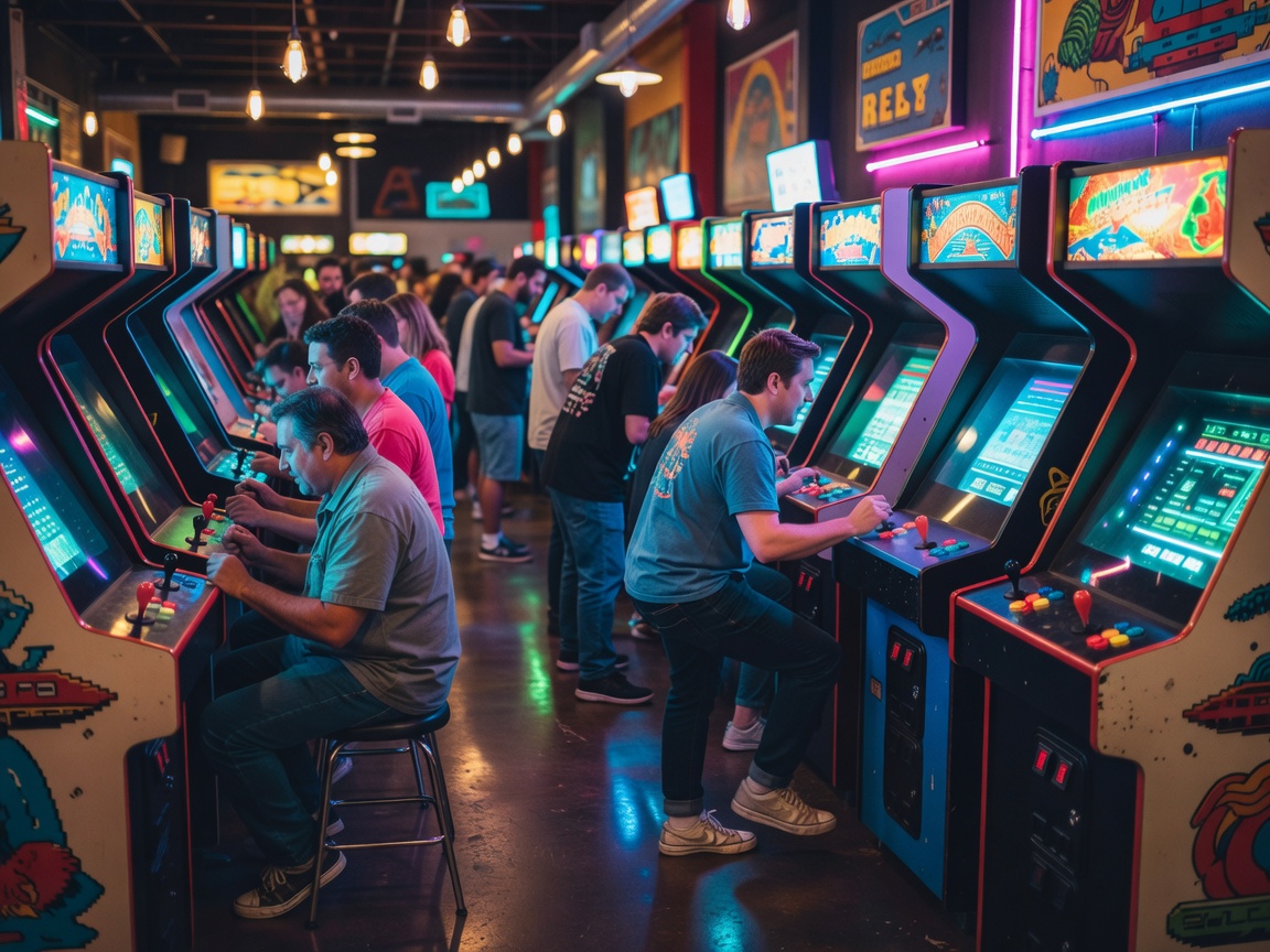 Vibrant neon arcade cabinet row in a retro gaming lounge representing Neon Boulevard Reels